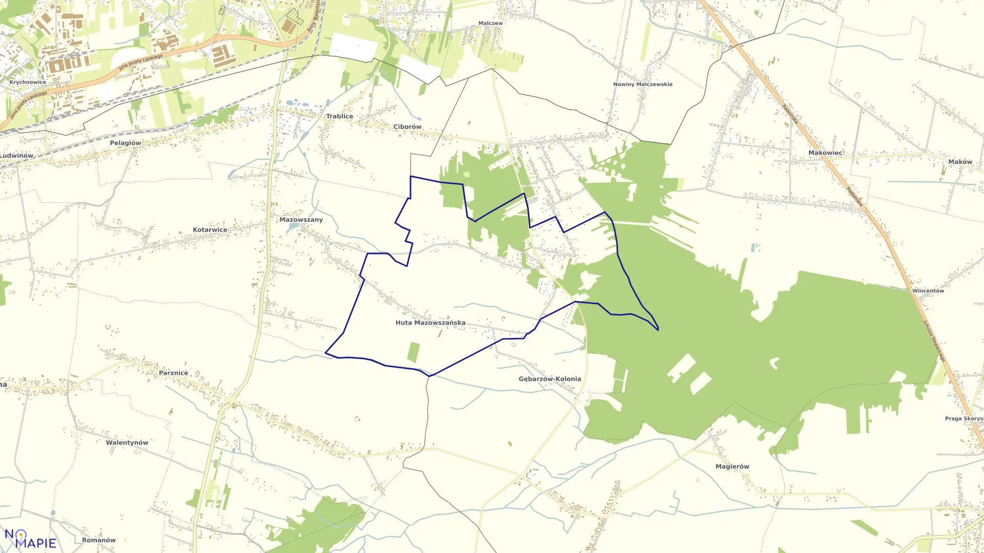 Mapa obrębu HUTA MAZOWSZAŃSKA w gminie Kowala
