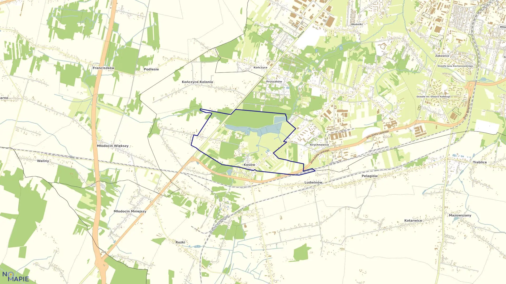 Mapa obrębu KOSÓW WIĘKSZY w gminie Kowala