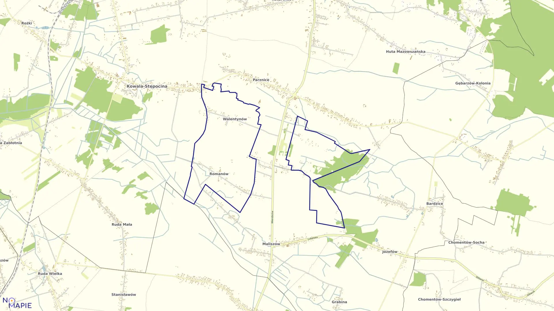 Mapa obrębu ROMANÓW w gminie Kowala